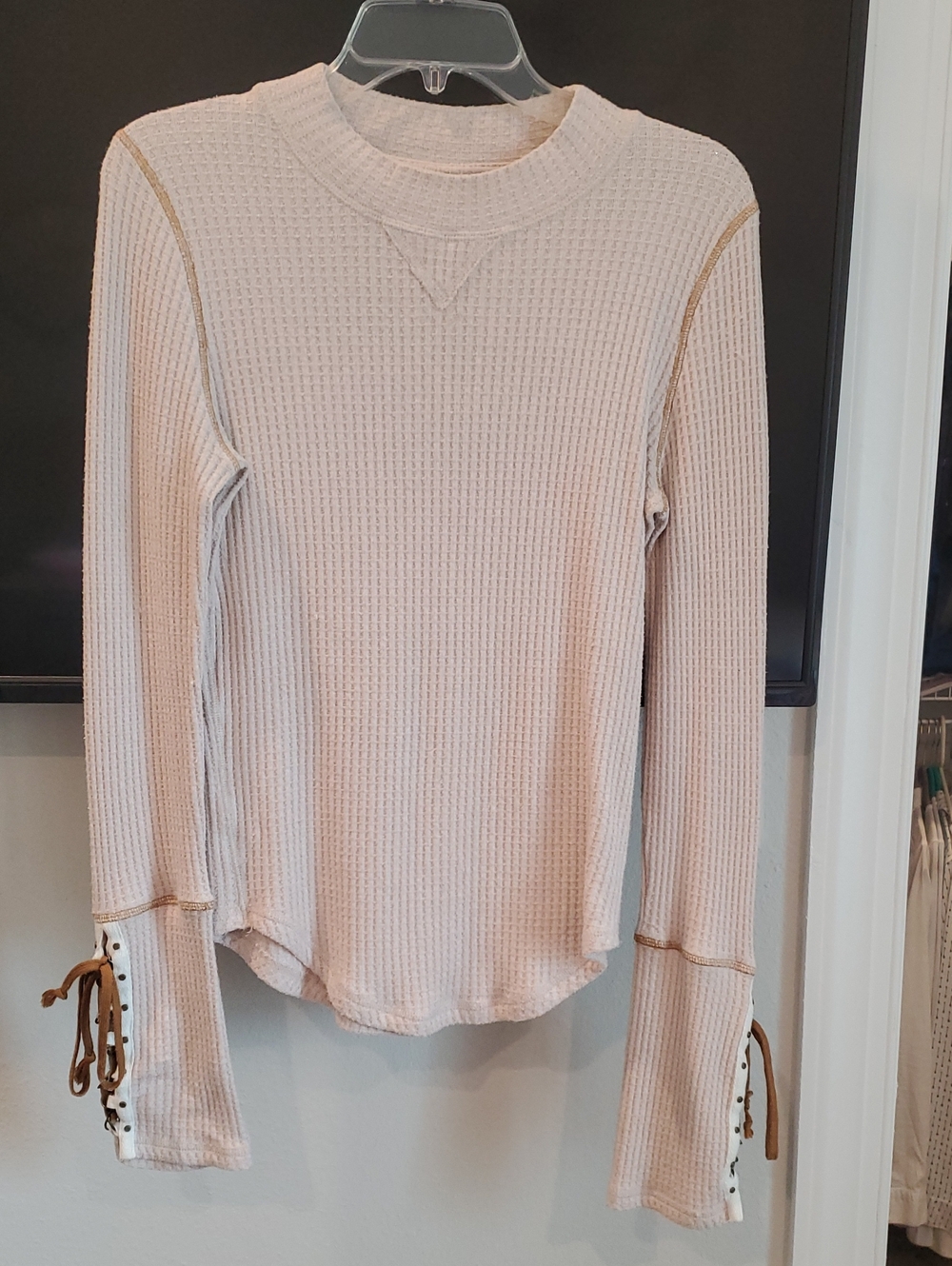 Free People Neutral Cream Waffle Knit Long Sleeve Top with Lace-Up Cuffs